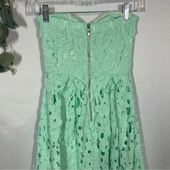 Alya | Strapless Floral Lace Light Blue Teal Aqua Sweetheart Midi Dress Size XS - Picture 7 of 13